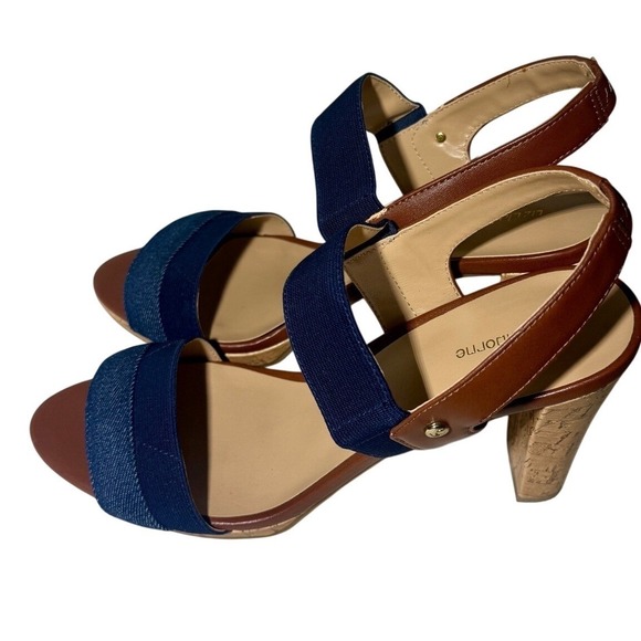 Liz Claiborne Jean Stiletto Sandals Cork Heel Platform Navy Brown Size 10 Medium - Picture 4 of 10